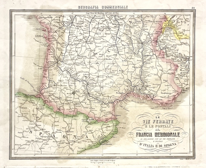 Geografia Commerciale, 44 - Le Vie Ferrate e le Postali della Francia Meridionale [Mapa Postal]
