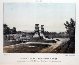 Gijon, Entrada a la villa por el camino de Oviedo adornada para el paso de SS.MM. Por el Real Cuerpo de Ingenieros militares.