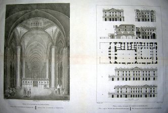 Interior de la Catedral de Barcelona/Plano, corte y elevacion de la Lonja de Barcelona