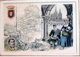 Escudo, pareja tipica, retrato de El Cid y mapa de Burgos