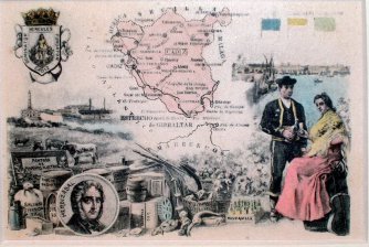 Escudo, pareja tipica, retrato de Mendizabal y mapa de Cadiz