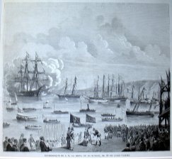 Llegada de S.M. La Reina madre a Santander, desembarque de S.M. La Reina en el muelle