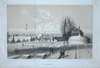 Veue de la Victoria Regia vue a l'exterieur. Partie orientale de L'Etablissement Van Houte comprenant quelques unes des serres, le grand thermosiphon, le gazometre, le moulin servant ...le magasin de graines.