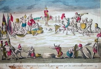 Vue et Perspective representant la pasion de la guerre exprime par des satires vaillantset gueriers