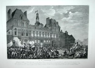 Le IX thermidor An II, Robespierre, Couthon et St. Just declares traitres a la Patrie, ainsi que Henriot Commandt. General de la Force Armee de Paris. Ils se refugient dans la Maison Commune, ou les officiers Municipaux les accueillent. A onze heures...