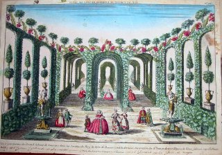 Vue perspective du grand Cabinet des Lauriers dans les Jardins de L'Isle de Naxos, c'est la derniere Decoration du 3me acte, et de tout L'Opera de Venus jlouse represente a Venise