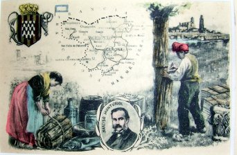 Escudo, pareja tipica, retrato de Monturiol y mapa de Gerona
