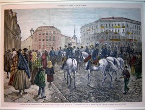 Festejos reales en Madrid :Clarines de los cuerpos montados de la guarnicion tocando diana militar en la Puerta del Sol