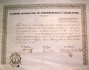 Academia Matritense de Jurisprudencia y Legislacion : Expedicion de Titulo de Academico Profesor a Juan Miguel de los Rios