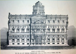 Alzado de las fachadas laterales de uno de los edificios presentados para la Bolsa en la Puerta del Sol, por los srs. Conde de Hamal y D.E. Manby.