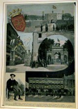 Pamplona visitada por SS.MM : Escudo de armas de la ciudad, La Taconera, Arco Real, Calle Chapitela...