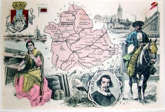 Escudo, pareja tipica, retrato de Velazquez y mapa de Sevilla