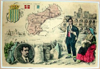 Escudo, pareja tipica, retrato de Fortuny y mapa de Tarragona