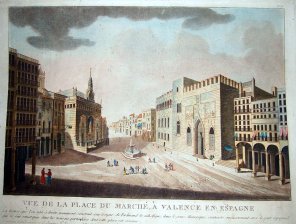 Vue de la place du Marche a Valence en Espagne. La Bourse, que l'on a droite, monument construit...
