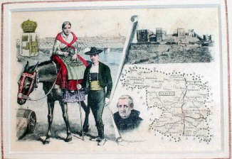 Escudo, pareja tipica, retrato de Nicasio Gallego y mapa de Zamora