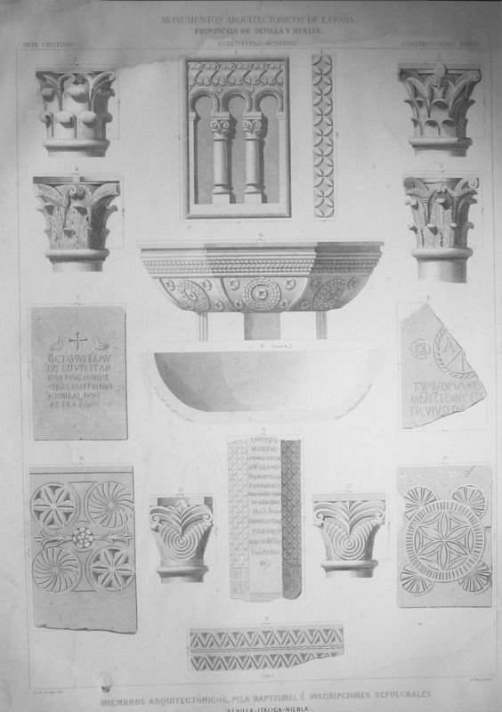 Miembros Arquitectónicos, Pila Baptismal é Inscripciones Sepulcrales (Sevilla-Itálica-Niebla)