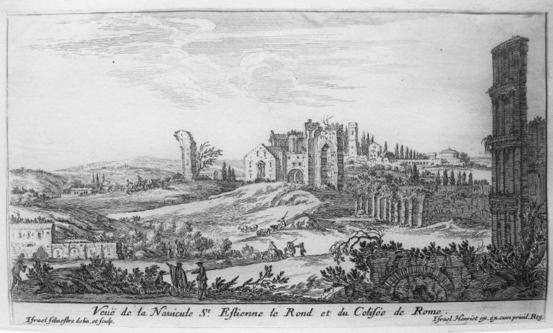 Veuë de la Nauicule S.t Estienne le Rond et du Colisée de Rome / Vista de la la Basílica Santo Stefano Rotondo y del Coliseo de Roma