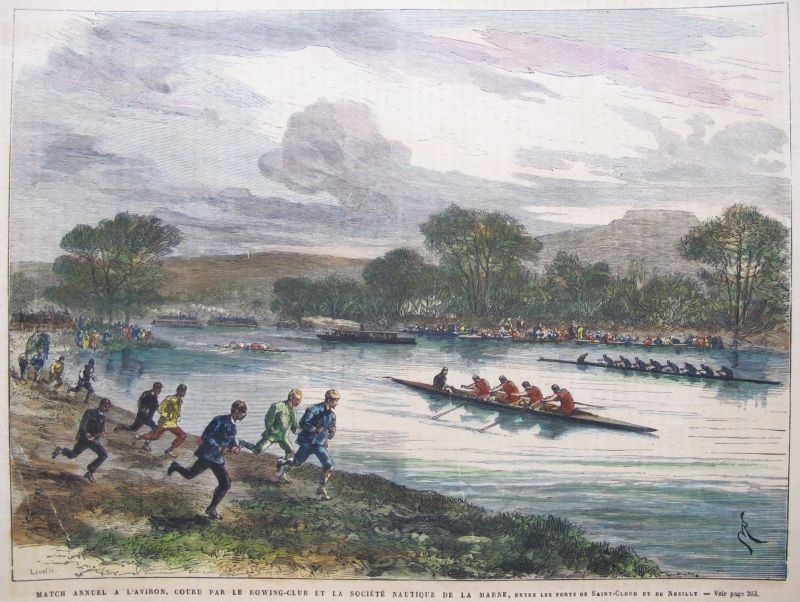Match annuel a l' Aviron, couru par le Rowing-Club et la Société Nautique de la Marne, entre les Ponts de Saint-Cloud et de Nuilly / Encuentro anual de Remo, dirigido por el Club de remo y la Sociedad Náutica del Marne, entre los puentes de Saint-Cloud...
