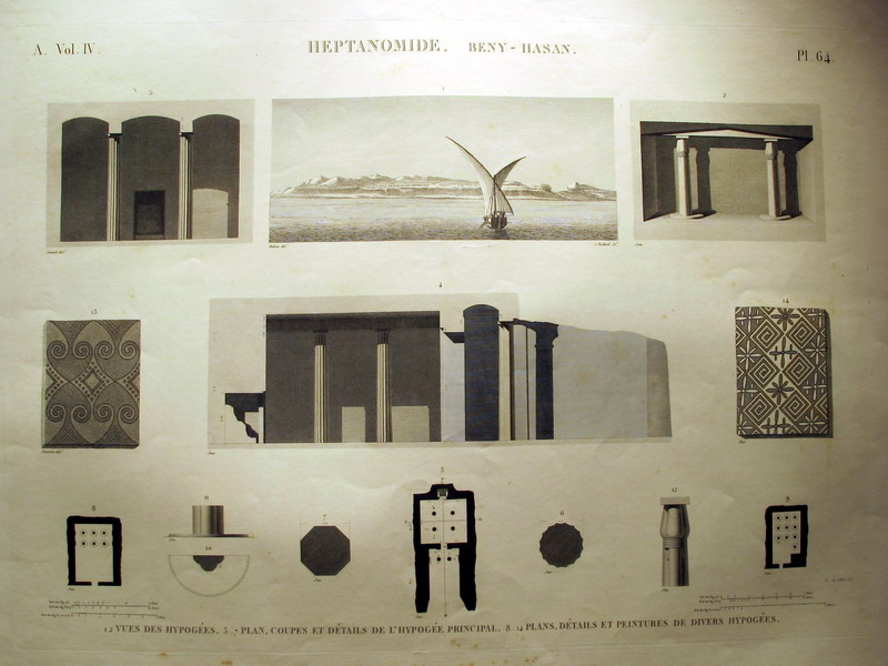 HEPTANOMIDE (Beny-Hasan). A.Vol.IV-Pl.64 - 1.2 Vues des Hypogées. 5...7 Plan, Coupes et Détails de l'Hypogée Principal...