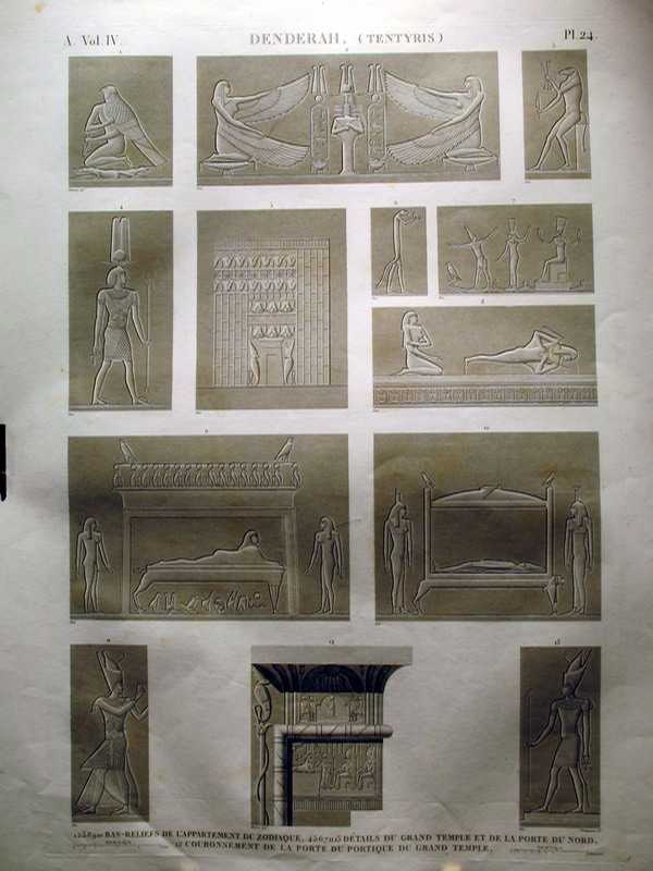DENDERAH (Tentyris). A.Vol.IV-Pl.24 - Bas-Reliefs de l'Appartement du Zodiaque | Détails du Grand Temple et de la Porte du Nord | Couronnement de la Porte du Portique de Grand Temple
