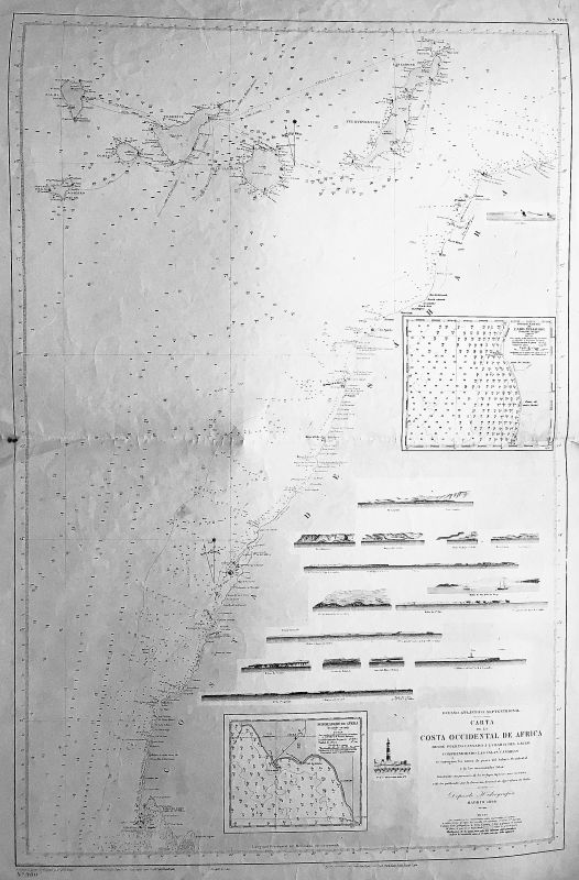 Océano Atlántico Septentrional, Carta de la Costa Occidental de África, desde Puerto Cansado a la Bahía del Galgo, comprendiendo las Islas Canarias, se consignan las zonas de pesca del Sahara Occidental y de las mencionadas islas