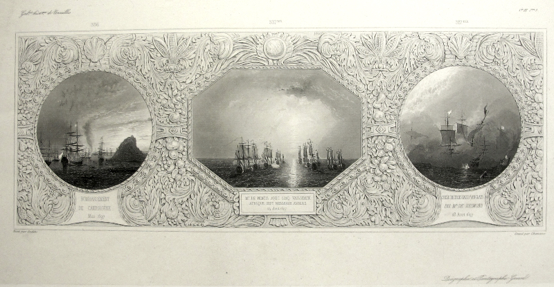 Bombardement de Carthagène. Mai 1697 / Mt. de Pointis avec cinc Vaisseaux Attaque sept Vaisseaux Anglais. 24 Aout 1697 / Prise de trois Vaissx. Anglais par Mr. de Nesmond. 28 Aout 1697