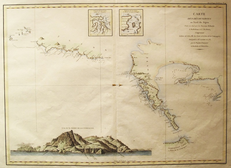 Carte des découvertes au Nord du Japon faites en 1643 par les vaisseaux hollandais le Kastrikum et le Breskens, comprenant la terre de Jeso, l'île des Etats et la Terre de la Compagnie, dont partie a été reconnue en 1787 par les Frégates Françaises...