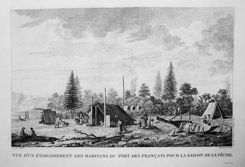 Vue d'un Établissement des Habitans du Port des Français pour la Saison de la Pèche / Vista del Establecimiento de los Habitantes del Puerto Francés para la Temporada de Pesca