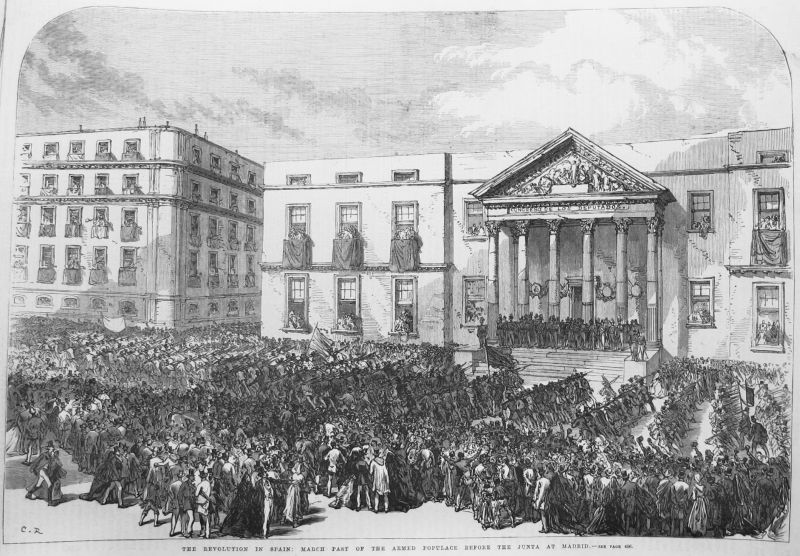 The Revolution in Spain : march past of the armed populace before the Junta at Madrid