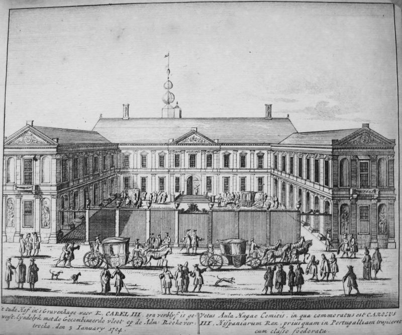 Vetus Aula Hagae Comitis, in qua commoratus est Carolus III, Hispaniarum Rex, prius quam in Portugalliam trajiceret cum classe foederata / Antigua Corte de Carlos III en la Haya ... Portugal ... marina ...