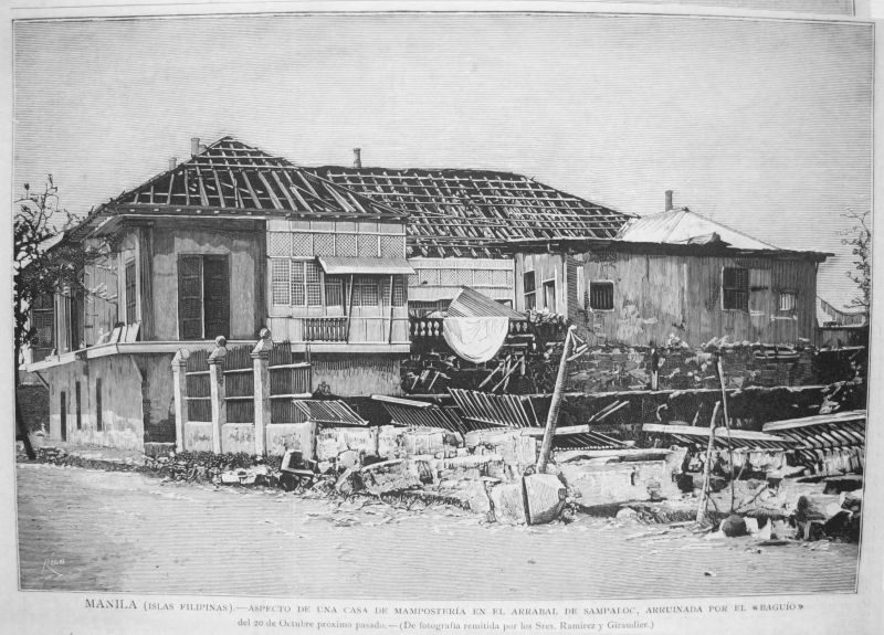 Manila (Islas Filipinas), Aspecto de una casa de Mampostería en el Arrabal de Sampaloc, arruinada por el Baguío del 20 de Octubre próximo pasado
