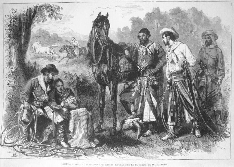 Tipos de la América del Sur : París [Buenos Aires], Familia de Gauchos establecida actualmente en el Jardín de Aclimatación
