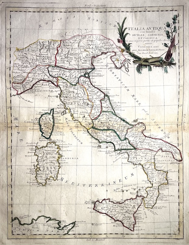 Italia Antiqua cum Insulis Sicilia, Sardinia et Corsica in suas majores partes et populos divisa [La antigua Italia, con las islas de Sicilia, Cerdeña y Córcega, divididas en sus principales partes y pueblos]