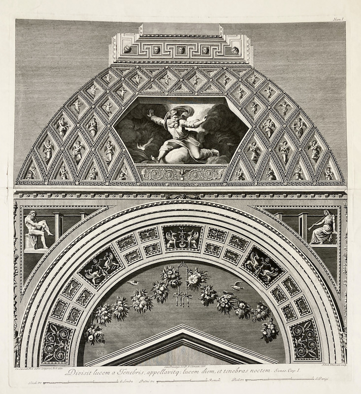 Logias del Vaticano : Num. 1 - Divisit lucem a Tenebris, appellavitq : lucem diem, et Tenebras noctem. Genes. Cap. I [Génesis 1, Separó la Luz de la Oscuridad]