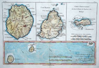 Carte Generale des Isles dont les figures ci-dessus offrent un plus ample detail / Cartes Particulieres des Isles de France (isla Mauricio), de Bourbon (isla de la Reunion) et de Rodrigue