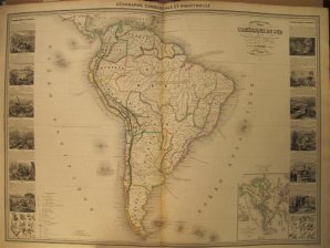 Nouvelle carte illustree de L Amerique du Sud indiquant les grandes divisions physiques, la distribution geographique des vegetaux et des mineraux, les ports de commerce, villes industrielles et fortifies...