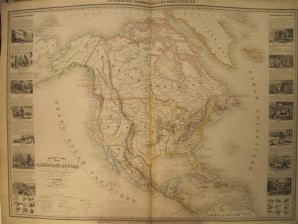 Nouvelle carte illustree de L Amerique du Nord indiquant les grandes divisions physiques, la distribution geographique des vegetaux et des mineraux, les ports de commerce, villes industrielles et fortifies...