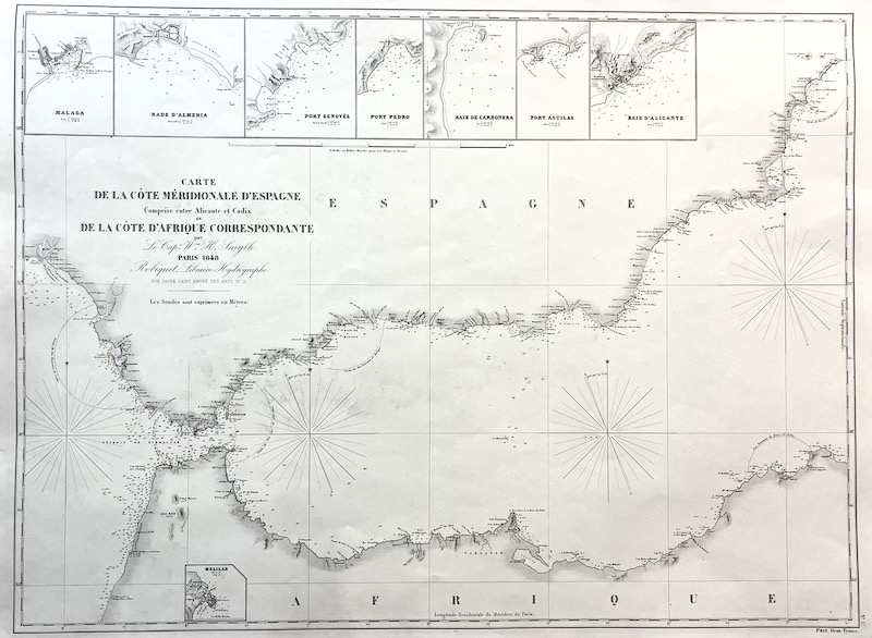 Carte de la Cote Meridionale d' Espagne Comprise enter Alicante et Cadix et de la Cote d' Afrique Correspondante [Carta de la Costa Meridional de España desde Alicante a Cadiz y de la Costa de Africa correspondiente]
