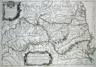 La contea di Rossilione divisa nella Vicaria di Perpignano...Villa Franca...che appartiene alla Francia e la Contea di Cerdagna divisa come presentemente...da Francesi e Spagnoli (Cataluña)