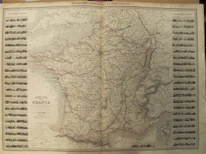 Nouvelle carte illustree de la France presentant les divisions physiques, la distribution geographique des plantes cultivees, la division territoriale comparative des anciennes provinces et des departements actuels. Les usines... Les canaux, les chemins..