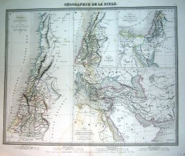 Geographie de la Bible : Palestine ou Terre Sainte divisee en douze Tribus puis en 2 Royaumes et en 4 Provinces et Syrie meridionale en 962 / Carte pour servir a l'intelligence des livres D'Esdras, De Tobie, De Judith, D'Esther, De Job ...
