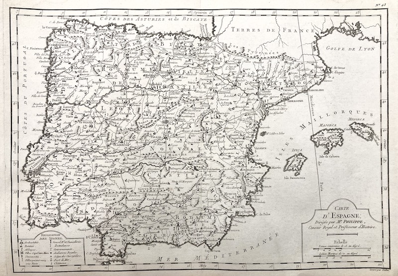 Carte d' Espagne Dirigee par Mr. Philippe Censeur Royal et Professeur d' Histoire - Nº 43