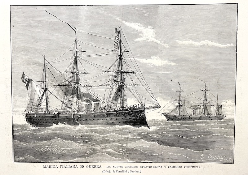 Marina Italiana de Guerra - Los Nuevos Cruceros FLAVIO GIOJA y AMERIGO VESPUCCI (Dibujo de Cortellini y Sanchez)