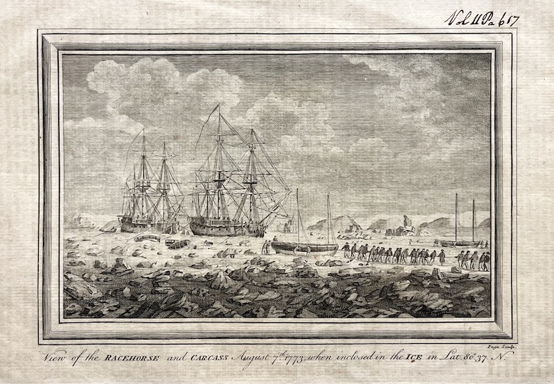 View of the RACEHORSE and the CARCASS, August 7th 1773, when inclosed in the Ice in Lat. 80o.37.N