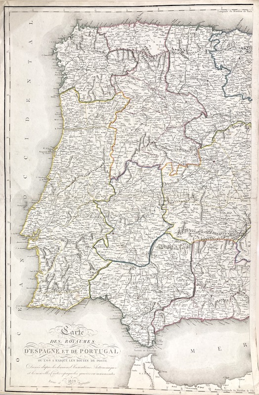 Carte des Royaumes d' Espagne et de Portugal où l' on marque les routes de poste : dressée d'après les dernieres observations astronomiques et les nouvelles cartes espagnoles gravées ou manuscrites [Peninsula Parcial]