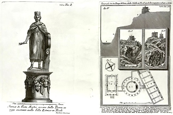 Sciographia Quatuor Templorum Veterum - Statua di Vesta Madre ovvero della Terra, in oggi esistente nella Villa Estense in Tivoli, 246a Tav. X ; Topografia dei due Tempi di Vesta e della Sibilla in Tivoli con le lororespettive alzatte, 246b Tav. XI