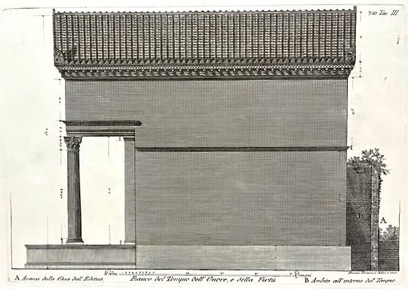 Sciographia Quatuor Templorum Veterum - Avanzi della Casa dell' Edituo ; Fianco del Tempio dell' Onore e della Virtu ; Ambito all' intorno del Tempio, 250 Tav. III