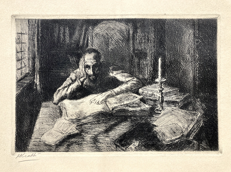 Cervantes consultando un libro