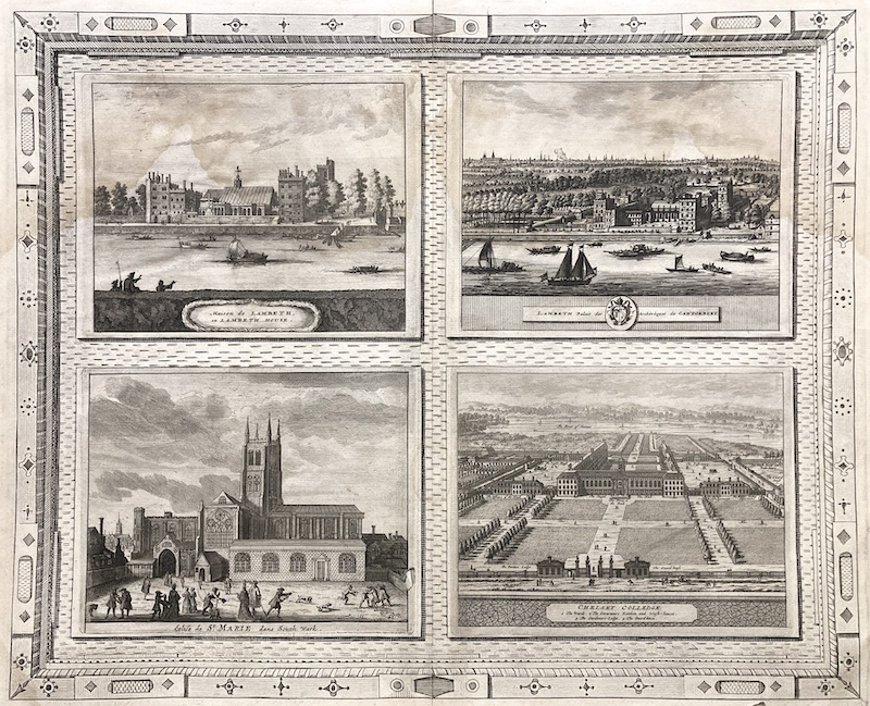 La Galerie Agréable du Monde, Nº 8 / 18 (?) - Maison de Lambeth, ou Lambeth House ; Lambeth Palais des Archeveques de Cantorbery ; Eglise de St Marie dans South Wark ; Chelsey Colledge [Arzobispo de Canterbury]