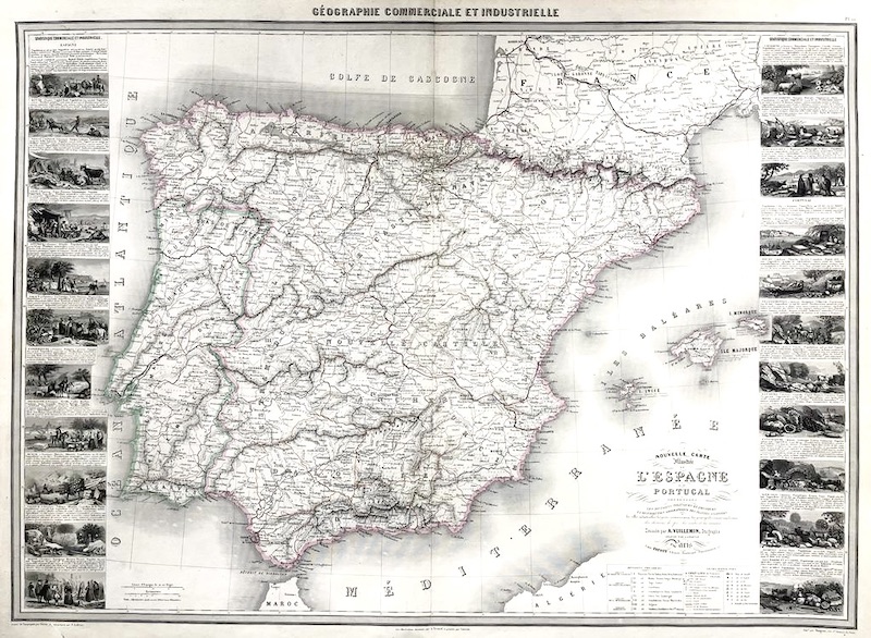 Géographie Commerciale et Indrustrielle - Nouvelle Carte illustrée de L'Espagne et du Portugal presentant les divisions politiques et physiques [...]